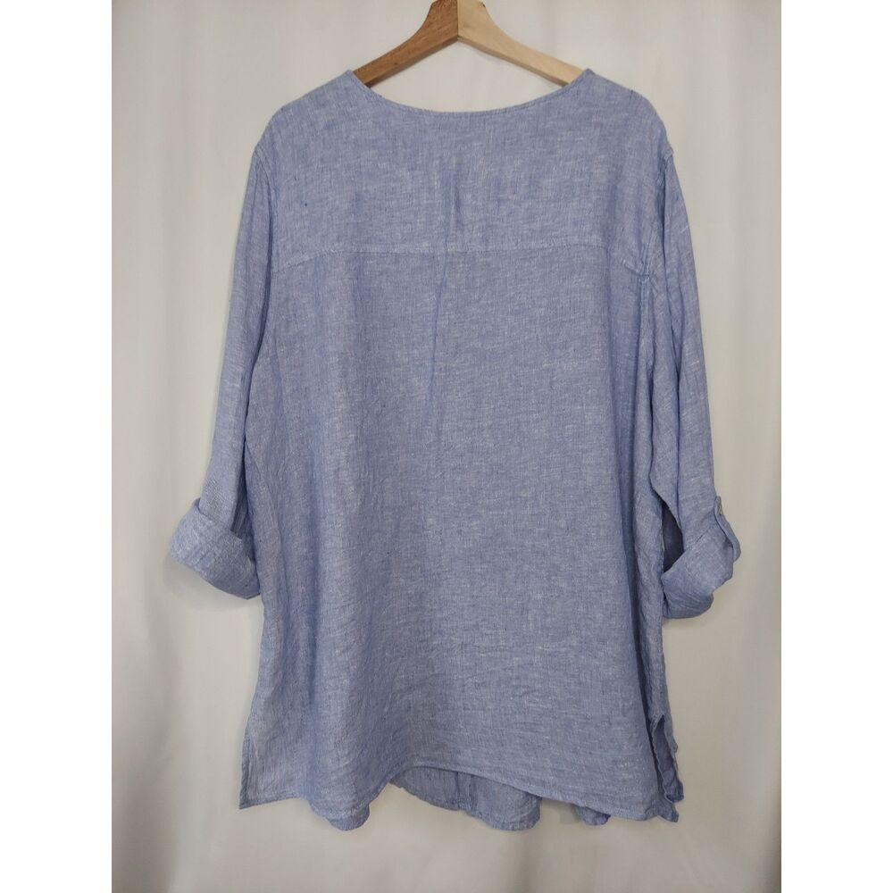 Tahari Womens Linen Top Button Down Shirt 3/4 Long Roll Tab Sleeve Sz 3x